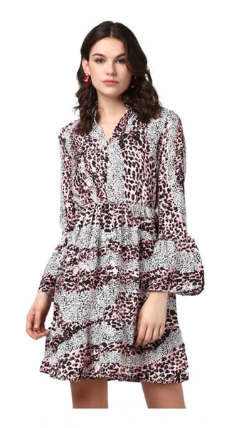 Mayawye Women's Polyester Animal Print Bell Sleeve Above Knee Dress (Pink - Black)