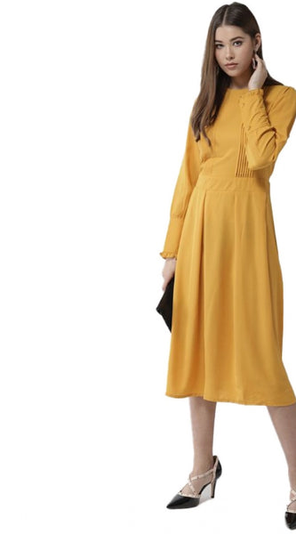 Mayawye Women's Polyester Pintuck Long Sleeves Below Knee Dress (Yellow)