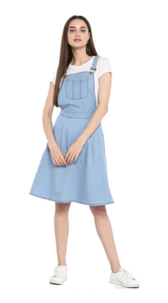 Mayawye Women's Denim Solid Sleeveless Above Knee Dress (Blue)