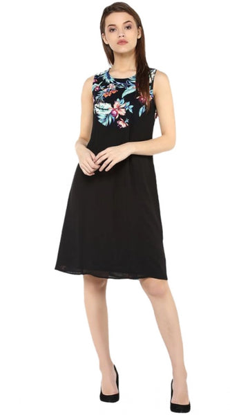 Mayawye Women's Polyester Printed Sleeveless Above Knee Dress (Black - Multicolor)