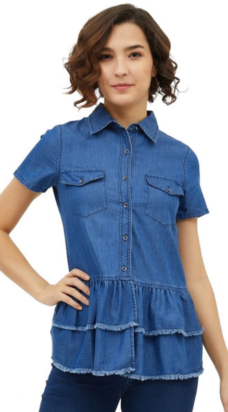 Mayawye Women's Denim Peplum Short Sleeve Top (Blue)