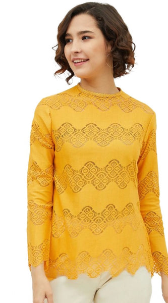Mayawye Women's Cotton Lace Inserts Long Sleeves Top (Yellow)