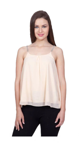Mayawye Women's Polyester Solid Shoulder Straps Regular Top (Beige)