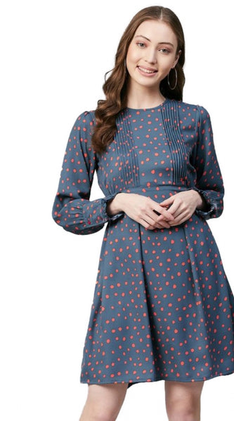 Mayawye Women's Polyester Polka Long Sleeves Above Knee Dress (Grey - Coral)