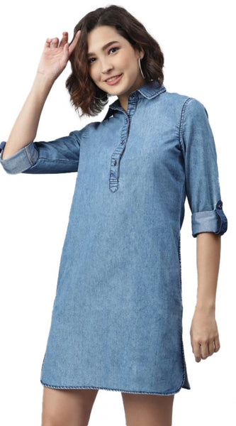 Mayawye Women's Denim Solid Long Sleeves Above Knee Dress (Ice Blue)