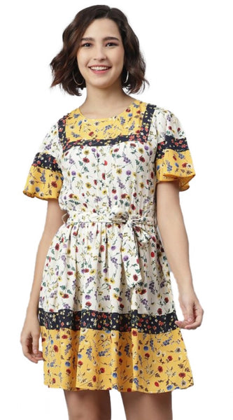 Mayawye Women's Polyester Floral Flutter Above Knee Dress (Multicolor)