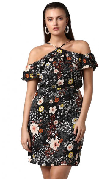 Mayawye Women's Polyester Floral Cold Shoulder Above Knee Dress (Black)