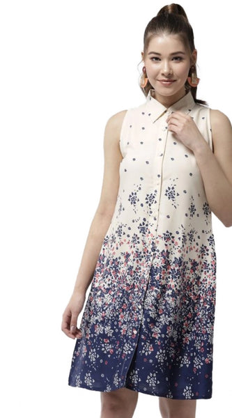 Mayawye Women's Polyester Floral Sleeveless Above Knee Dress (Cream)