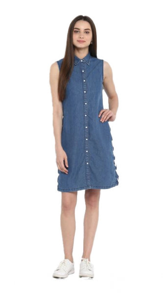 Mayawye Women's Denim Solid Sleeveless Above Knee Dress (Blue)