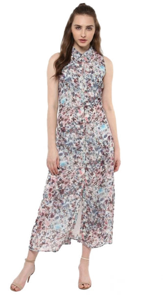 Mayawye Women's Polyester Chiffon Printed Sleeveless Dress (Multicolor)