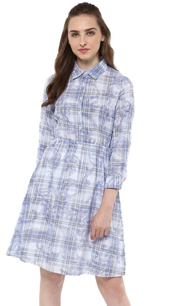 Mayawye Women's Cotton Checkered Roll Up Sleeve Above Knee Dress (Blue)