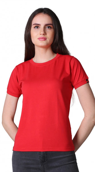 Mayawye Women's Cotton Blended Solid Round Neck Half Sleeve T-Shirt (Red)