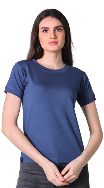 Mayawye Women's Cotton Blended Solid Round Neck Half Sleeve T-Shirt (Blue)