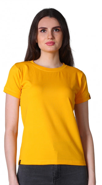 Mayawye Women's Cotton Blended Solid Round Neck Half Sleeve T-Shirt (Mustard)