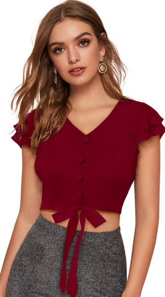 Mayawye Women's Polyester Solid Short Sleeves V Neck Top (Maroon)