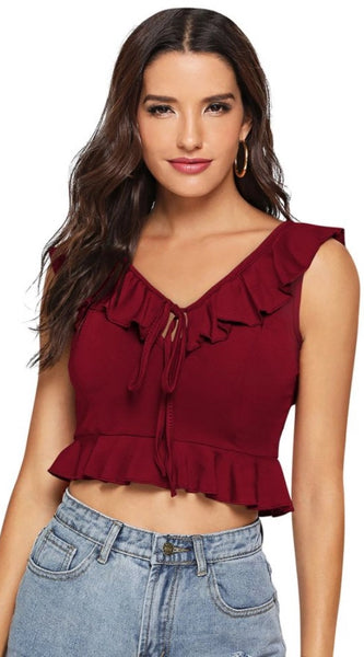 Mayawye Women's Polyester Solid Sleeveless Ruffle Neck Top (Maroon)