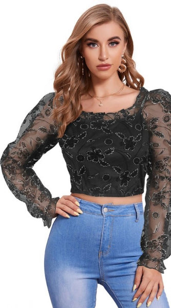Mayawye Women's Polyester Solid Full Sleeves Square Collar Top (Black)
