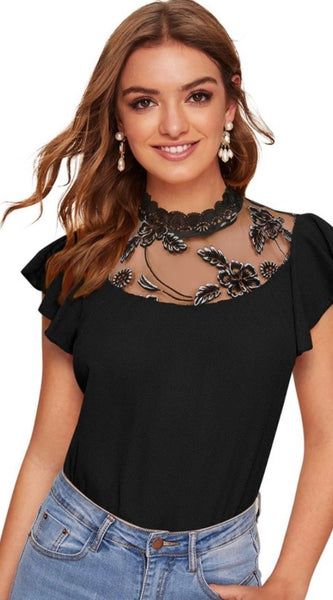 Mayawye Women's Polyester Solid Cap Sleeve Sweetheart Neck Top (Black)