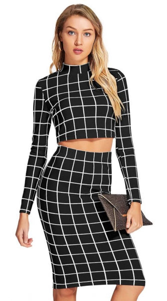 Mayawye Women's Polyester Checkered Full Sleeves Stand Collar Crop Top Skirt Set (Black)