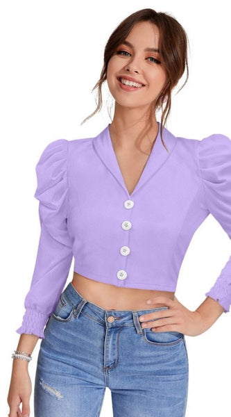 Mayawye Women's Polyester Solid Puff Sleeves Lapel Collar Top (Purple)