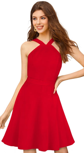 Mayawye Women's Knitting stretchable Solid Halter Neck Sleeveless Dress (Red )
