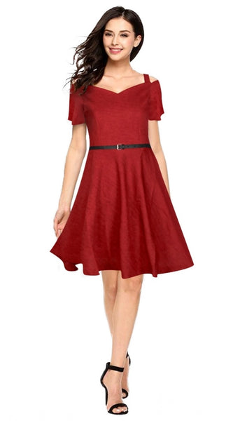 Mayawye Women's Polyester Solid V Neck Cap Sleeve Dress (Maroon)