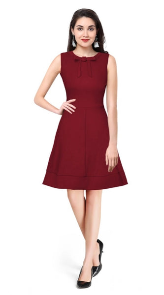 Mayawye Women's Polyester Solid Round Neck Sleeveless Dress (Maroon)