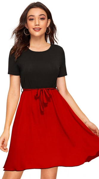 Mayawye Women's Knitting stretchable Solid Round Neck Cap Sleeve Dress (Red)