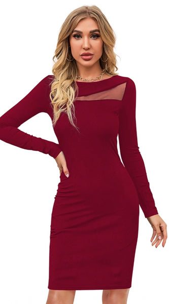 Mayawye Women's Knitting stretchable Solid Round Neck Full Sleeve Dress (Maroon)