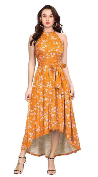 Mayawye Women's Polyester Printed Halter Neck Sleeveless Dress (Yellow)