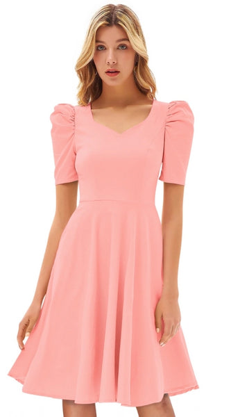 Mayawye Women's Knitting stretchable Solid V Neck Cap Sleeve Dress (Peach)