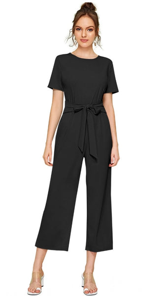 Mayawye Women's Knitting stretchable Solid Round Neck Cap Sleeve Jumpsuit (Black)