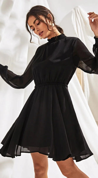 Mayawye Women's Fox Georgette Solid High Neck Full Sleeve Dress (Black)