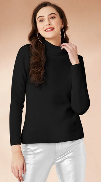Mayawye Women's Polyester Solid High Neck Full Sleeve T-Shirt (Black)