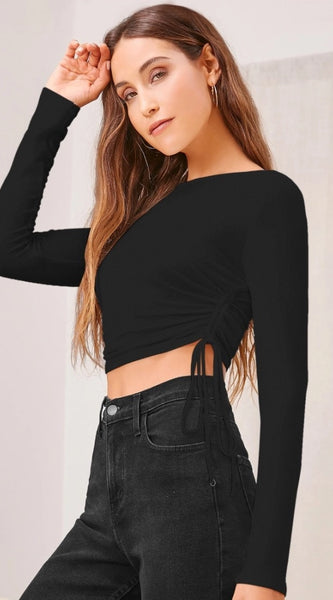 Mayawye Women's Polyester Solid Round Neck Full Sleeve Top (Black)