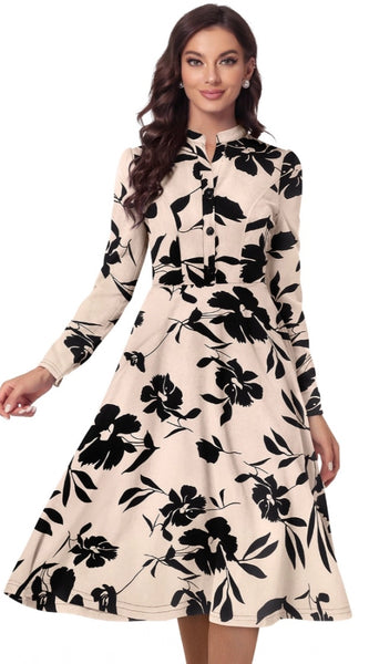 Mayawye Women's Knitting Printed V-Neck Full Sleeve Dress (Cream)