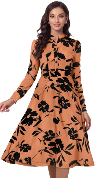 Mayawye Women's Knitting Printed V-Neck Full Sleeve Dress (Orange)
