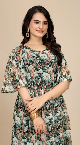 Mayawye Women's Georgette Printed Round Neck Short Sleeve Dress (Black)