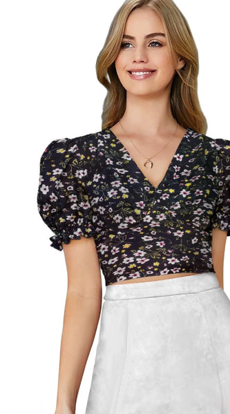 Mayawye Women's Knitting Printed V-Neck Puff Sleeve Tops (Black)