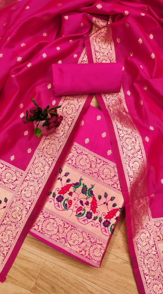 Mayawye Women's Banarasi Silk Printed Unstitched Salwar Suit Material With Dupatta (Pink, 3Mtrs)