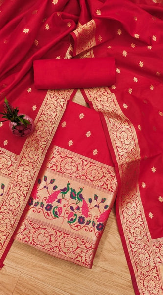 Mayawye Women's Banarasi Silk Printed Unstitched Salwar Suit Material With Dupatta (Red, 3Mtrs)