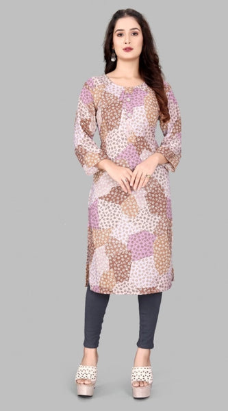 Mayawye Women's Rayon Printed Round Neck 3-4th Sleeve Kurti (Brown)