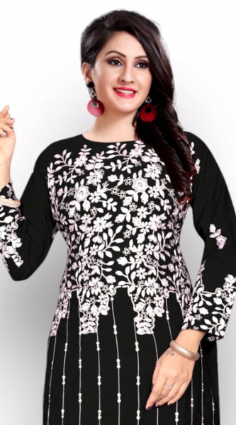 Mayawye Women's Georgette Printed Round Neck 3-4 th Sleeve Kurti (Black)