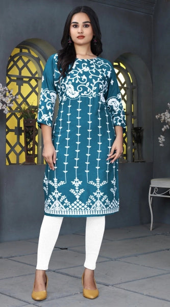 Mayawye Women's Rayon Printed Round Neck 3-4th Sleeve Kurti (Rama)