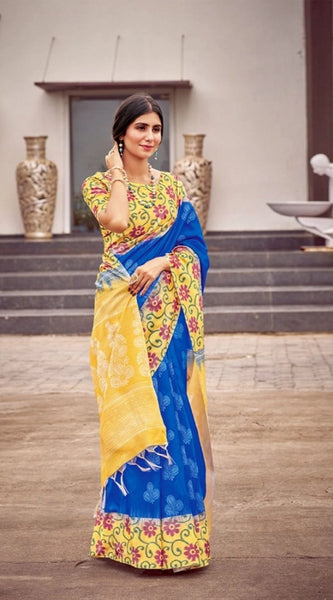 Mayawye Women's Cotton Blend Printed Saree With Unstitched Blouse (Blue, 5-5 Mtrs)