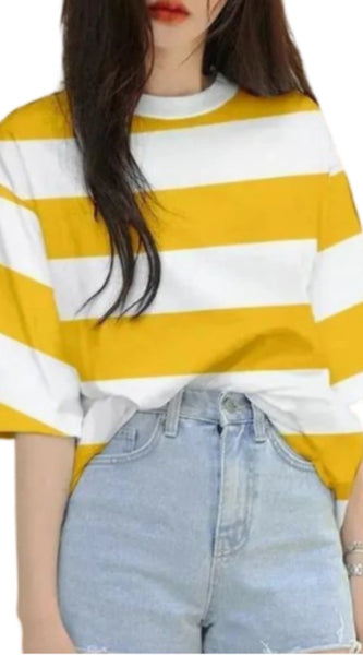 Mayawye Women's Lycra Striped Round Neck Short Sleeve T-Shirt (White-Yellow)