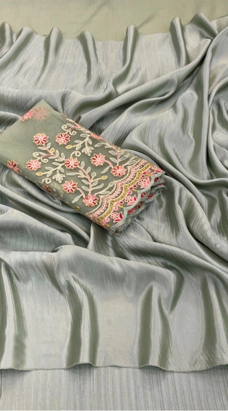 Mayawye Women's Satin Solid Saree With Unstitched Blouse (Grey, 5-5 Mtrs)