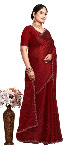 Mayawye Women's Georgette Satin Silk Saree With Unstitched Blouse 5.5Mtr (Red)