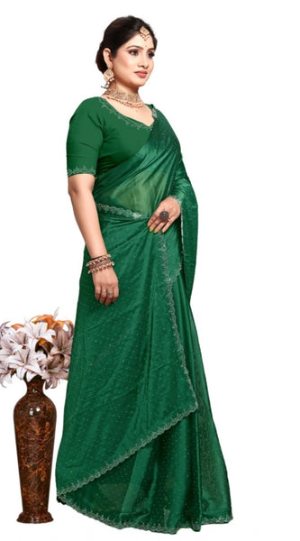 Mayawye Women's Georgette Satin Silk Saree With Unstitched Blouse 5.5Mtr (Green)