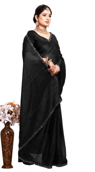 Mayawye Women's Georgette Satin Silk Saree With Unstitched Blouse 5.5Mtr (Black)